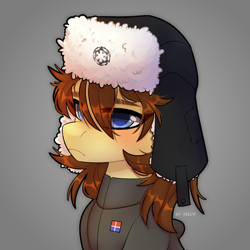 Size: 2500x2500 | Tagged: safe, artist:shelti, imported from derpibooru, oc, oc only, oc:clover springs, earth pony, pony, clothes, earth pony oc, eye clipping through hair, female, frown, galactic empire, hat, mare, military uniform, solo, star wars, uniform, ushanka, winter hat