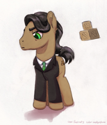 Size: 1297x1518 | Tagged: safe, artist:foxtrot3, artist:zephyrsplume, imported from derpibooru, oc, oc only, oc:mr plunder, earth pony, clothes, cutie mark, green eyes, male, not filthy rich, solo, stallion, suit, suit and tie