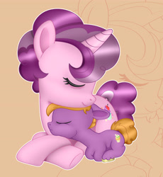 Size: 3500x3802 | Tagged: safe, artist:anonymousandrei, derpibooru exclusive, imported from derpibooru, little mac, sugar belle, earth pony, unicorn, colt, cute, duo, eyes closed, female, foal, horn, lying down, male, mare, mother and child, mother and son, motherly love, older sugar belle, prone, sleeping