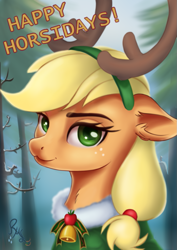 Size: 841x1189 | Tagged: safe, artist:raritymylove, imported from derpibooru, applejack, earth pony, pony, :3, animal costume, christmas, clothes, costume, ear fluff, floppy ears, forest, holiday, looking at you, nature, reindeer costume, solo, tree, winter