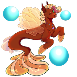 Size: 1600x1600 | Tagged: safe, artist:legendaryshadee, imported from derpibooru, oc, oc:pearl diver, seapony (g4), bubble, chest fluff, cute, dorsal fin, fin, fin wings, fins, fish tail, flowing mane, flowing tail, jewelry, looking at you, male, necklace, one eye closed, scales, simple background, smiling, smiling at you, solo, swimming, tail, tongue out, transparent background, wings, wink, winking at you