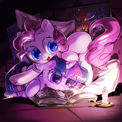 Size: 2048x2048 | Tagged: safe, artist:izuchi, imported from derpibooru, pinkie pie, twilight sparkle, earth pony, pony, unicorn, book, duo, duo female, female, horn, unicorn twilight