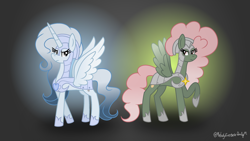 Size: 3000x1686 | Tagged: safe, artist:darbypop1, imported from derpibooru, oc, oc only, oc:melody everbelle, oc:pixie crystal, alicorn, pegasus, pony, armor, female, mare