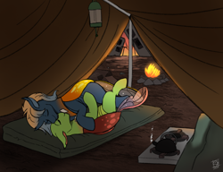 Size: 1280x984 | Tagged: safe, artist:shamy-crist, imported from derpibooru, oc, oc only, changedling, changeling, pony, campfire, cuddling, duo, fire, stove, tent