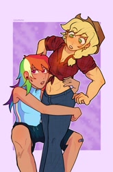 Size: 819x1240 | Tagged: safe, artist:ssuminv, imported from derpibooru, applejack, rainbow dash, human, abs, appledash, bandaid, belly, belly button, clothes, denim, duo, duo female, ear piercing, earring, female, freckles, front knot midriff, hug, humanized, jeans, jewelry, lesbian, midriff, muscles, muscular female, pants, passepartout, piercing, shipping, shirt, sleeveless