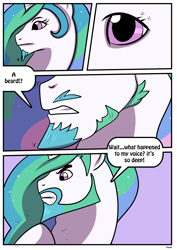 Size: 2480x3507 | Tagged: safe, artist:rex-equinox, imported from derpibooru, princess celestia, alicorn, pony, beard, comic, facial hair, female to male, high res, male, prince solaris, rule 63, solo, speech bubble, stallion, transformation, transgender transformation