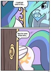 Size: 2480x3507 | Tagged: safe, artist:rex-equinox, imported from derpibooru, princess celestia, alicorn, pony, beard, comic, facial hair, female to male, high res, male, mirror, prince solaris, rule 63, solo, speech bubble, stallion, transformation, transgender transformation