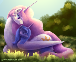 Size: 1214x1000 | Tagged: safe, artist:mystobright sky, imported from derpibooru, princess celestia, princess luna, alicorn, pony, duo, eyes closed, female, filly, filly luna, hug, lying down, mare, outdoors, pink-mane celestia, prone, royal sisters, siblings, sisters, smiling, wing blanket, winghug, wings, woona, younger