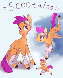 Size: 1728x2132 | Tagged: safe, artist:djoyk, imported from derpibooru, scootaloo, pegasus, pony, bandage, cute, female, filly, foal, goggles, grin, scootaloo can fly, simple background, sitting, smiling, solo, white background