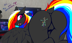 Size: 5000x3000 | Tagged: safe, alternate version, artist:darky_wings, imported from derpibooru, oc, oc only, oc:darky wings, oc:detonaty, earth pony, pegasus, pony, accident, butt, butt crush, butt focus, buttcheeks, crush fetish, crushing, fetish, flattened, macro, micro, size difference, sketch, squish, swirly eyes