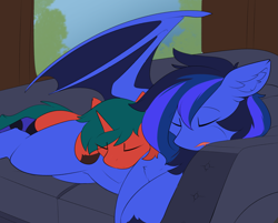 Size: 3179x2553 | Tagged: safe, artist:beardie, imported from derpibooru, oc, oc only, oc:guard cobalt flash, oc:midnight dusk, bat pony, unicorn, bat pony oc, bat wings, commission, couch, duo, duo male, horn, male, sleeping, snoring, snuggling, unicorn oc, wings