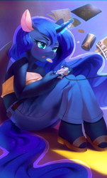 Size: 1838x3038 | Tagged: safe, artist:aruurara, imported from derpibooru, princess luna, anthro, gamer luna, chips, clothes, controller, female, food, glowing, glowing horn, horn, magic, pants, soda, solo, solo female, telekinesis