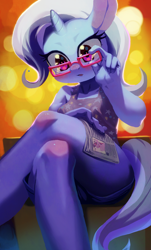 Size: 1838x3038 | Tagged: safe, artist:aruurara, imported from derpibooru, trixie, twilight sparkle, anthro, unicorn, blushing, crossed legs, female, glasses, horn, newspaper, solo