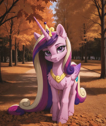 Size: 822x972 | Tagged: safe, imported from twibooru, princess cadance, alicorn, pony, ai content, ai generated, autumn, female, horn, image, looking at you, needs more jpeg, prompter:ramprover, solo, solo female, wings