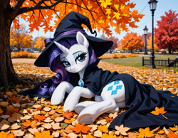 Size: 1014x788 | Tagged: safe, imported from twibooru, rarity, pony, unicorn, ai content, ai generated, cloak, clothes, female, hat, horn, image, looking at you, needs more jpeg, prompter:ramprover, solo, solo female, witch hat