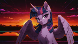 Size: 1192x670 | Tagged: safe, imported from twibooru, twilight sparkle, alicorn, pony, ai content, ai generated, female, horn, image, looking at you, needs more jpeg, prompter:ramprover, solo, solo female, twilight sparkle (alicorn), wings