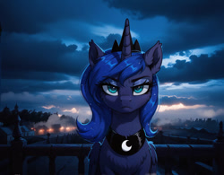 Size: 1012x789 | Tagged: safe, imported from twibooru, princess luna, alicorn, pony, ai content, ai generated, female, horn, image, looking at you, needs more jpeg, prompter:ramprover, solo, solo female, unamused, wings