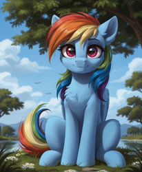 Size: 812x984 | Tagged: safe, imported from twibooru, rainbow dash, pegasus, pony, ai content, ai generated, cute, dashabetes, female, image, looking at you, needs more jpeg, prompter:ramprover, solo, solo female, wings