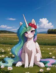 Size: 787x1015 | Tagged: safe, imported from twibooru, princess celestia, alicorn, pony, ai content, ai generated, blushing, female, horn, image, looking at you, needs more jpeg, prompter:ramprover, solo, solo female, wings