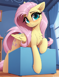 Size: 896x1152 | Tagged: safe, imported from twibooru, fluttershy, pegasus, pony, ai content, ai generated, blushing, female, image, looking at you, png, prompter:ramprover, solo, solo female, wings