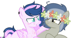 Size: 1356x708 | Tagged: safe, artist:daydreamprince, artist:izzakenna, imported from derpibooru, oc, oc only, oc:pascal, earth pony, pegasus, pony, duo, female, floral head wreath, flower, mare, simple background, transparent background