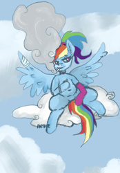 Size: 820x1180 | Tagged: safe, artist:anykoe, imported from derpibooru, rainbow dash, pegasus, cigar, cloud, female, injured, looking at you, on a cloud, pigtails, signature, sitting, sketch, sky, smoke, smoking, solo