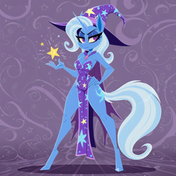 Size: 1024x1024 | Tagged: safe, imported from twibooru, trixie, anthro, unguligrade anthro, unicorn, ai content, ai errors, ai generated, breasts, cape, cleavage, clothes, cutie mark on anthro, drop shadow, eyelashes, eyeshadow, female, hand on hip, hat, horn, image, lineless, loincloth, loincloth dress, looking at you, magic, magician outfit, makeup, no catchlights, png, prompter:teaspoon, slit dress, smoke, smoke bomb, solo, solo female, stars, stylized, wizard hat