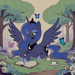 Size: 3072x3072 | Tagged: safe, edit, editor:paleluna, imported from twibooru, princess luna, alicorn, butterfly, insect, pony, ai content, ai generated, book, cup, female, flower, forest, horn, image, lidded eyes, mare, open mouth, open smile, outline, png, prompter:paleluna, prone, smiling, solo, spread wings, teacup, tree, wings