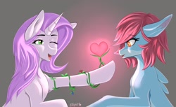 Size: 1800x1100 | Tagged: safe, artist:ellynet, oc, oc only, pony, duo, duo female, female, looking at each other, mare, one eye closed, open mouth