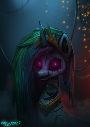 Size: 1271x1794 | Tagged: safe, artist:user-fox, imported from derpibooru, princess celestia, alicorn, pony, robot, robot pony, broken horn, crown, dark, dark background, female, glowing, glowing eyes, horn, horror, jewelry, looking at you, my little pony, open mouth, pink eyes, regalia, scratches, smoke, solo, sparks