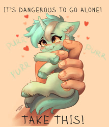 Size: 2005x2342 | Tagged: safe, artist:polnocnykot, imported from derpibooru, lyra heartstrings, human, pony, unicorn, blushing, cheek fluff, cute, ear fluff, female, floppy ears, fluffy, hand, heart, horn, hug, lyrabetes, meme, offscreen character, offscreen human, purring, simple background, smiling, smol, solo, solo focus, text, that pony sure does love hands, that pony sure does love humans, tiny, tiny ponies, unshorn fetlocks