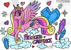 Size: 4627x3291 | Tagged: safe, artist:artistnjc, imported from derpibooru, princess cadance, alicorn, pony, character name, cloud, colored, crystal, crystal heart, cutie mark, flying, heart, looking at you, royalty, signature, simple background, snow, snowflake, solo, spread wings, traditional art, wings