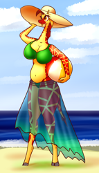 Size: 2000x3500 | Tagged: safe, artist:drbeard, imported from derpibooru, oc, oc only, oc:jaffa, anthro, giraffe, beach, beach ball, bikini, bipedal, clothes, cloud, female, hat, non-pony oc, ocean, sand, see-through dress, solo, solo female, sun hat, swimsuit, water