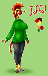 Size: 3000x4714 | Tagged: safe, artist:drbeard, imported from derpibooru, oc, oc only, oc:jaffa, anthro, giraffe, bipedal, clothes, female, females only, heart, non-pony oc, pants, reference sheet, solo, solo female, sweater