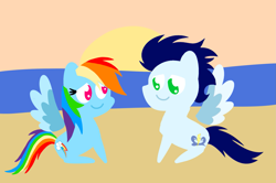 Size: 1935x1285 | Tagged: safe, anonymous artist, derpibooru exclusive, imported from derpibooru, rainbow dash, soarin', pegasus, pony, series:soarindash honeymoon, series:soarindash romantic tales, beach, female, looking at each other, looking at someone, male, mare, pointy ponies, shipping, sitting, smiling, smiling at each other, soarindash, stallion, straight, sunset