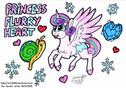 Size: 3291x2322 | Tagged: safe, artist:artistnjc, imported from derpibooru, princess flurry heart, whammy, alicorn, pony, baby, baby pony, character name, chubby cheeks, crystal heart, diaper, flying, happy, heart, hooves, plushie, simple background, snow, snowflake, solo, tongue out, traditional art