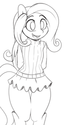 Size: 1000x1600 | Tagged: safe, artist:3mangos, imported from derpibooru, fluttershy, anthro, comic:mango sunday, bipedal, clothes, female, lineart, monochrome, skirt, solo, solo female, sweater