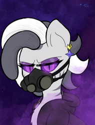 Size: 2200x2900 | Tagged: safe, artist:anix_space, imported from derpibooru, oc, oc only, oc:mind breaker, zebra, bust, frown, glowing, glowing eyes, jewelry, portrait, respirator, smoke, space background, star travellers, zebra oc