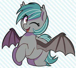 Size: 1466x1306 | Tagged: safe, artist:thebatfang, imported from derpibooru, oc, oc only, oc:malachite cluster, bat pony, pony, bat pony oc, bat wings, belly, belly button, cute, fangs, femboy, male, one eye closed, open mouth, open smile, simple background, smiling, solo, spread wings, stallion, trap, wings, wink