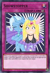 Size: 813x1185 | Tagged: safe, artist:badumsquish, derpibooru exclusive, imported from derpibooru, trixie, earth pony, monster girl, pony, unicorn, abstract background, bipedal, cape, card, card game, ccg, clothes, female, grin, gritted teeth, hair ornament, harpie girl, hat, horn, jewelry, magic trick, mare, one eye closed, scared, smiling, surprised, teeth, tiara, trading card, trap card, trixie's hat, wink, yu-gi-oh!, yugioh card