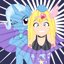 Size: 1228x1228 | Tagged: safe, artist:badumsquish, derpibooru exclusive, imported from derpibooru, trixie, earth pony, monster girl, pony, unicorn, abstract background, bipedal, cape, card, card game, ccg, clothes, female, grin, gritted teeth, hair ornament, harpie girl, hat, horn, jewelry, magic trick, mare, one eye closed, scared, smiling, surprised, teeth, tiara, trading card, trap card, trixie's hat, wink, yu-gi-oh!, yugioh card