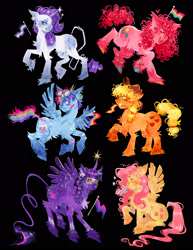 Size: 1582x2048 | Tagged: safe, artist:yelloart, imported from derpibooru, applejack, fluttershy, pinkie pie, rainbow dash, rarity, twilight sparkle, alicorn, earth pony, pegasus, pony, unicorn, asexual pride flag, bandaid, bisexual pride flag, black background, bracelet, chest fluff, curved horn, female, floating heart, gay pride flag, glasses, goggles, goggles on head, heart, horn, horn ring, jewelry, leonine tail, lesbian pride flag, mane six, mare, pansexual pride flag, pride, pride flag, ring, simple background, sticker, sticker set, tail, tail ring, transgender pride flag, twilight sparkle (alicorn), unshorn fetlocks