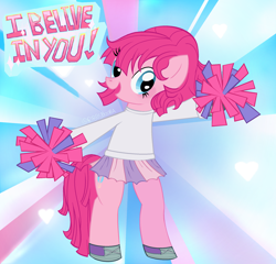 Size: 2096x2016 | Tagged: safe, artist:ribbsbooba, imported from derpibooru, pinkie pie, earth pony, pony, bipedal, cheerleader pinkie, clothes, female, hoof shoes, mare, open mouth, open smile, pom pom, shirt, signature, skirt, smiling, solo, tail