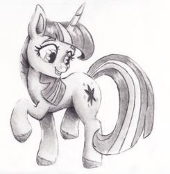 Size: 1000x1019 | Tagged: safe, artist:nedemai, imported from derpibooru, twilight sparkle, pony, unicorn, cute, female, grayscale, grin, mare, monochrome, pencil drawing, simple background, smiling, solo, standing on two hooves, traditional art, turned head, twiabetes, unicorn twilight, white background