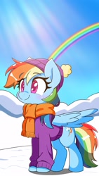 Size: 1152x2048 | Tagged: safe, artist:zeon_starlight, imported from derpibooru, rainbow dash, pegasus, pony, beanie, blushing, clothes, crepuscular rays, cute, female, hat, mare, outdoors, rainbow, scarf, smiling, snow, solo, sweater, wings, winter