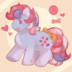 Size: 2000x2000 | Tagged: safe, artist:lumiville, imported from derpibooru, sweet stuff, earth pony, pony, twinkle eyed pony, blush scribble, blushing, bow, candy, female, food, g1, heart, heart mark, lollipop, mare, open mouth, open smile, smiling, solo, tail, tail bow