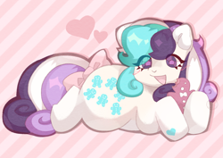 Size: 2048x1447 | Tagged: safe, artist:lumiville, imported from derpibooru, gingerbread, earth pony, pony, twinkle eyed pony, blush scribble, blushing, bow, female, floating heart, food, g1, gingerbread man, heart, looking at you, lying down, mare, open mouth, open smile, prone, smiling, solo, tail, tail bow