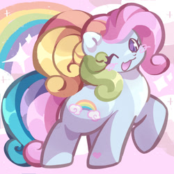 Size: 2000x2000 | Tagged: safe, artist:lumiville, imported from derpibooru, rainbow dash (g3), earth pony, pony, blush sticker, blushing, female, g3, g3.5, heart, heart eyes, heart mark, looking at you, one eye closed, open mouth, open smile, rainbow, raised hoof, smiling, solo, sparkles, tail, wingding eyes, wink, winking at you