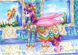 Size: 3298x2322 | Tagged: safe, artist:lubronyr, imported from derpibooru, princess cadance, oc, alicorn, breezie, pony, alternate hairstyle, breezie oc, clothes, crown, dress, duo, female, high res, jewelry, mare, regalia, solo focus, traditional art