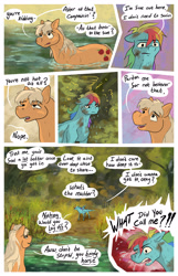 Size: 2003x3101 | Tagged: safe, artist:seventozen, imported from derpibooru, applejack, rainbow dash, earth pony, pegasus, pony, comic:the problem of parthus, comic, mud, muddy, multicolored hair, speech bubble, stink lines, sweat, swimming, water